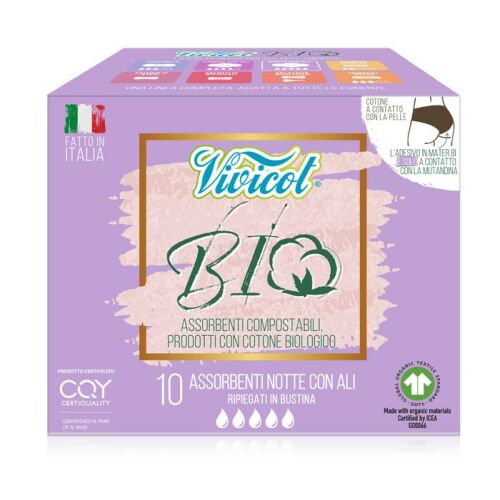 Vivicot Bio bio pamut hipoallergén komposztálható éjszakai betétek, 10 darabos doboz - Intimbetét