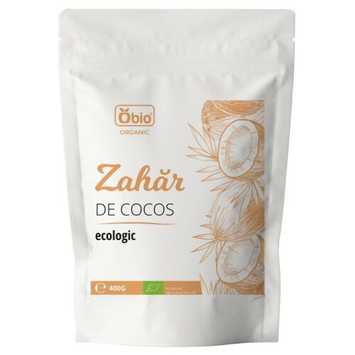 Obio Bio Kókuszcukor 400g fehér tasakban, elölnézet, természetes finomítatlan édesítő sütéshez és főzéshez - Édesítőszer