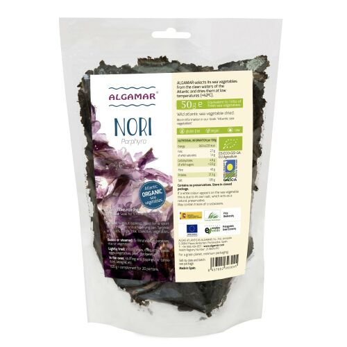 Algamar organikus Nori Porphyra alga pehely átlátszó műanyag csomagolásban, 50g, ideális sushihoz, salátákhoz és levesekhez - Nemzetközi konyha