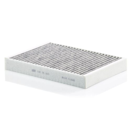 MANN-FILTER CUK 34 003 aktívszenes utastér levegőszűrő Volvo S60, S90, V60, V90, XC60, XC90 modellekhez, szürke szűrőbetét, elölről ferde nézet - Autó levegőszűrő