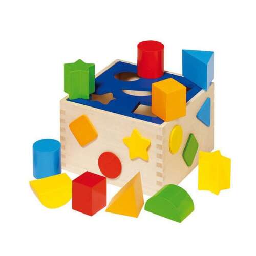 Goki formaválogató doboz, fa játék kisgyermekeknek, színes formákkal és kivágásokkal ellátott dobozzal