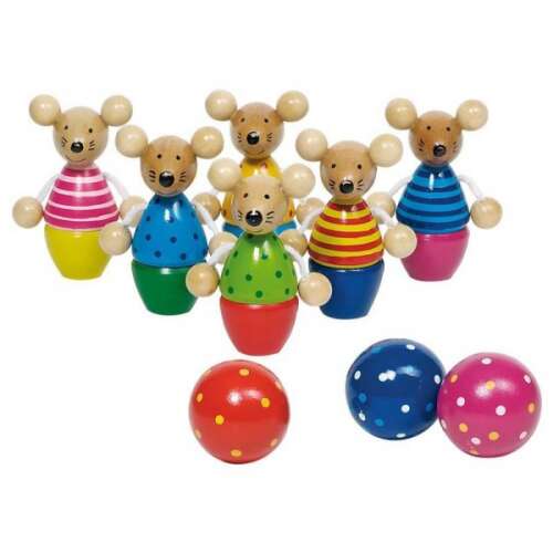 GOKI egér tekejáték, fa tekefigurák és golyók, színes, szórakoztató gyerekeknek