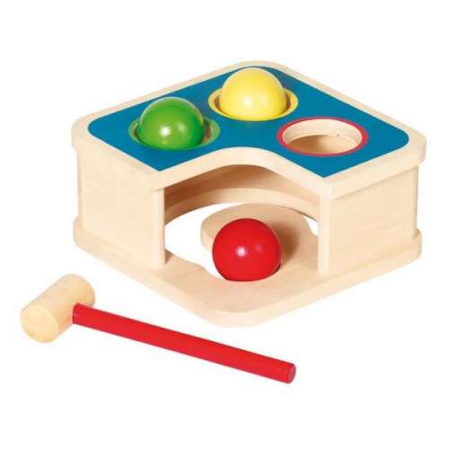 Goki fa golyó kalapáló és labirintus játék kisgyermekeknek, kalapáccsal, piros, sárga és zöld golyókkal