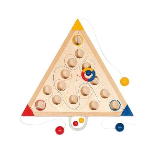 Goki Tricours fa ügyességi játék, háromszög alakú tábla lyukakkal és húrokkal a színes golyók vezetéséhez