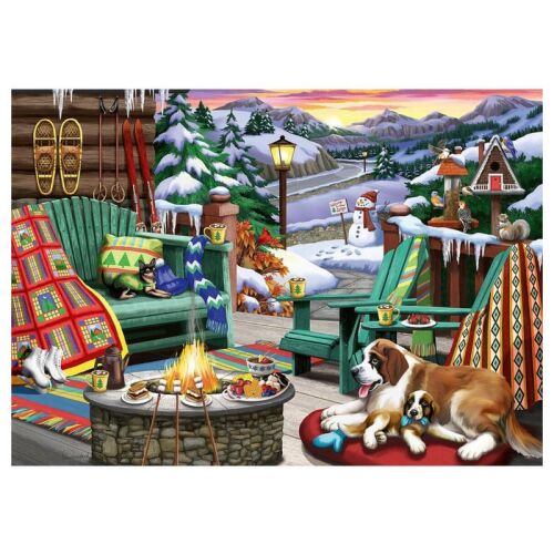 A Ravensburger Puzzle 1000 db - Aprés All Day téli jelenetének részletes képe két kutyával, tűzrakóhellyel, sílécekkel és hótalpakkal - Puzzle és kirakó