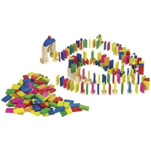 GOKI Domino rally joc de construit trasee cu piese domino din lemn colorate și obstacole - Joc de construcție din lemn