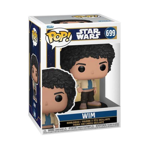 Funko POP! Star Wars Skeleton Crew S1 Wim gyűjtői figura az eredeti dobozban, ferde nézetben, amely Wim karakterét ábrázolja göndör sötét hajjal és világos kabáttal, csillagos háttér előtt - Mesehős figura