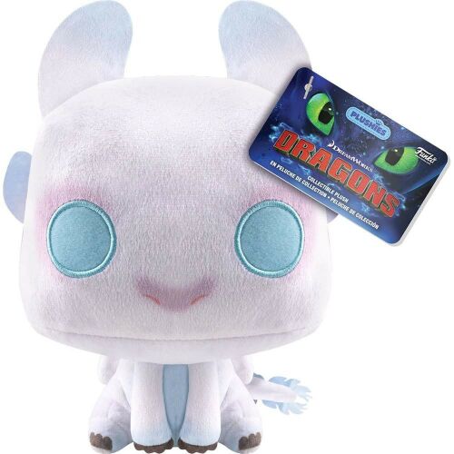 Funko POP! Így neveld a sárkányodat Világos Féreg plüss játék, fehér sárkány világoskék szemekkel és rózsaszín pirosítóval, DreamsWorks Dragons címkével fehér háttéren - Plüssjáték