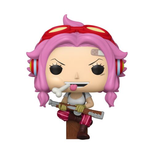 Részletes Funko POP Animáció One Piece Ginny vinyl figura, rózsaszín hajjal, piros szemüveggel, kötéssel és egy kis fegyverrel, fadobozon ülve - Mesehős figura