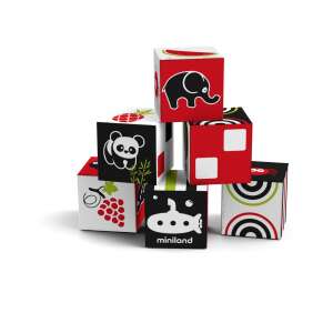 Miniland First Discoveries Colorful Cubes, 6 pieces, stacking blocks for babies, with animal and object designs, rattle sound - Developmental Toy for Baby