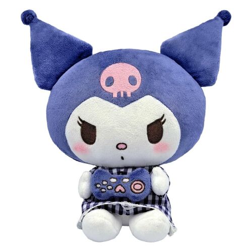 Sanrio Kuromi Pyjama Style M plüssfigura 22 cm, elölnézet, játékvezérlőt tartva - Plüssjáték