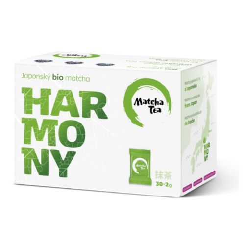 BIO Matcha Tea Harmony 30 x 2g doboz, autentikus japán bio zöld tea, adagolt tasakok az egyszerű elkészítéshez, elöl- és oldalnézet japán térképpel - Matcha tea