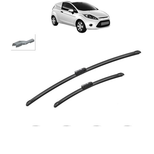 Két Bosch Aerotwin szilikon ablaktörlő lapát Ford Fiesta VI Van (2008-2017) típushoz autó illusztrációval és kis adapter darabbal, tartós gumi az autó szélvédőjéhez 