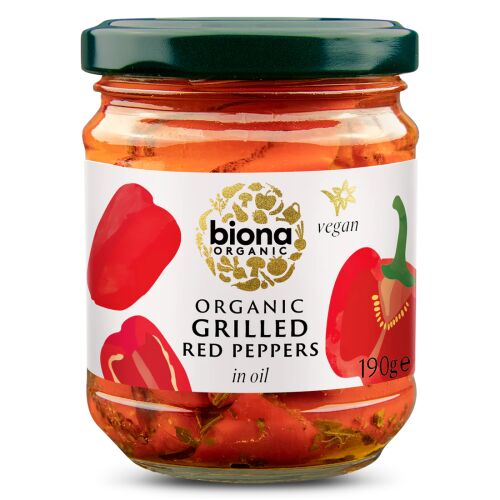 Biona Organic Grillezett Piros Paprika Olajban 190g üveg edény zöld fedővel - Konzerv