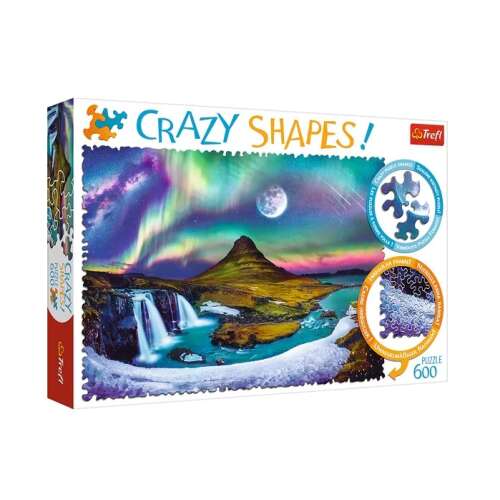 Trefl Crazy Shapes Puzzle 600 Teile, isländische Landschaft mit Wasserfällen und Nordlichtern