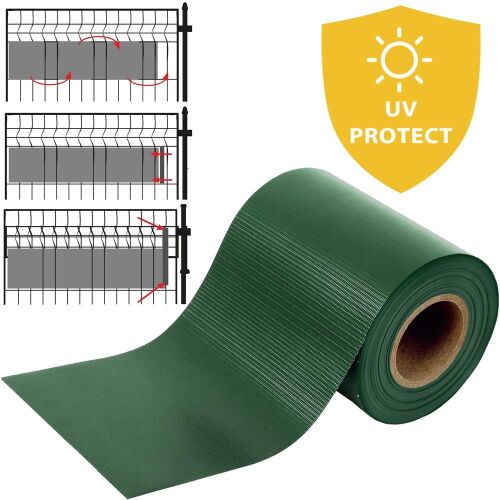 Kertészeti magánéletvédő kerítéspanel, zöld PVC belátásgátló szalag tekercs telepítési diagrammal és UV VÉDELEM ikonnal, kiemelve a tartósságot és az egyszerű telepítést - Belátásgátló