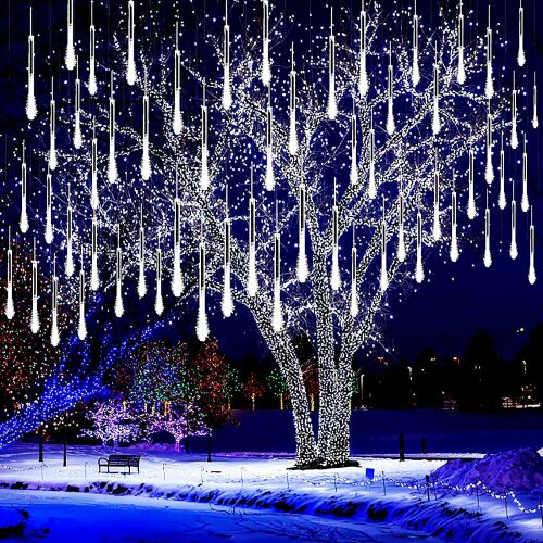 DL Karácsonyi dekoráció, 8 cső, 30 cm, 144 LED meteorzápor fények fehér színben, megvilágított havas kültéri fán az ünnepi hangulatért - Kültéri karácsonyi dekoráció