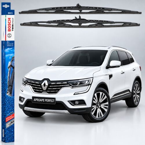 Bosch Twin Spoiler 801S ablaktörlő lapátok Renault Koleos II-hez (2016-tól), termékcsomagolással és fehér Renault Koleos II SUV-vel világos háttéren. - ‪Ablaktörlő lapát