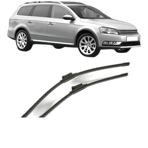 Bosch Aerotwin szélvédő törlőlapátok VW Passat Alltrack B7 (365) 2012-2014 modellhez, két ablaktörlő lapátot ábrázolva egy ezüst Volkswagen Passat háttérben, fehér alapon. - Bosch
