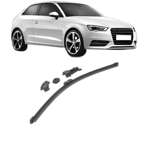 Valeo HydroConnect hátsó ablaktörlő lapát Audi A3 (8V1, 8VK) 2012-2020 modellekhez, fehér Audi A3 autó mellett ábrázolva a kompatibilitás illusztrálására - Valeo