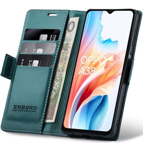 Oppo A38 / A18 tok, ERBORD fényes licsi, pénztárca kihajtható felülettel, zöld