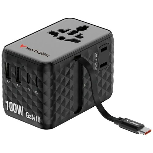 Verbatim 100W GaN III univerzális utazó adapter több USB-C és USB-A porttal, behúzható USB-C kábellel a világméretű töltési igényekhez - Utazási kellék és tartozék
