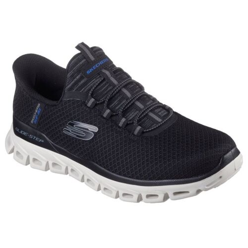 Skechers GLIDE-STEP f%C3%A9rfi fekete sportcip%C5%9, sz%C3%B6gb%C5%9l n%C3%A9zve, Skechers m%C3%A1rkajelz%C3%A9ssel %C3%A9s adapt%C3%ADv talppal k%C3%BCl%C3%B6nb%C3%B6z%C5%9 terepekhez, alkalmas t%C3%BAr%C3%A1z%C3%A1sra. 