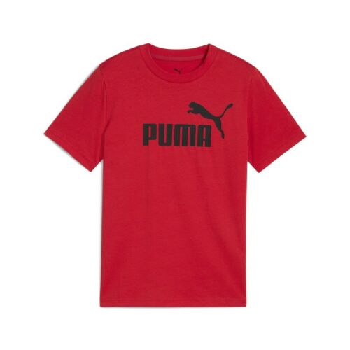 Puma ESS No. 1 Logo Tee B piros gyerek póló, elölnézet nagyméretű fekete Puma logóval, sima fehér háttérrel - Baba és gyerek divat
