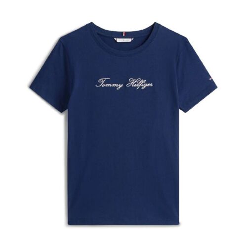 Kék Tommy Hilfiger LUREX SCRIPT REG C-NK SS TEE póló hímzett logóval, elölről fehér háttéren 