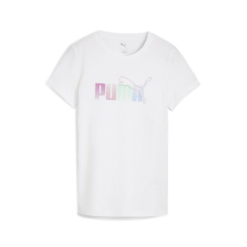 Puma GRAPHIC Stacked Tee női fehér póló színátmenetes Puma logóval, elöl laposan elhelyezve fehér háttéren 