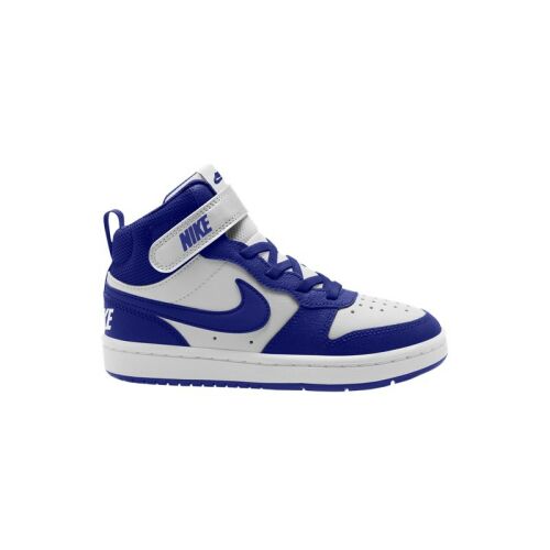 Fehér-kék Nike COURT BOROUGH MID 2 BPV sportcipő gyerekeknek, oldalnézetből, tépőzáras pánttal és fűzővel, fehér háttérrel 