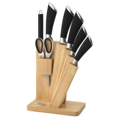 Bohmann 8 darabos késkészlet fa tartóval, rozsdamentes acél pengékkel, fekete nyelekkel