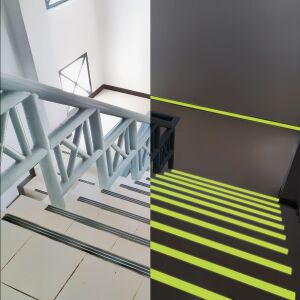 Handy anti-slip glow in the dark adhesive tape on stairs, showing daytime and nighttime visibility - Adhesive Tape