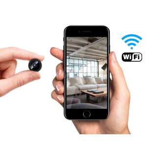 Black mini spy camera in hand with live feed on phone screen - Nonbrand Security Camera