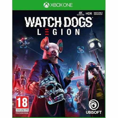 Watch Dogs Legion Xbox Series X játéktok, egy disznómaszkos karakterrel és egy koponyával, Ubisoft, PEGI 18 besorolás 