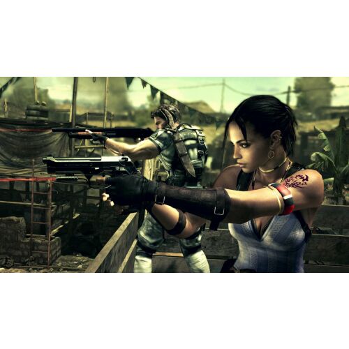 Resident Evil 5 játékon belüli képernyőkép Chris Redfieldről és Sheva Alomarról fegyvereket célozva egy harci jelenetben - Konzol játék