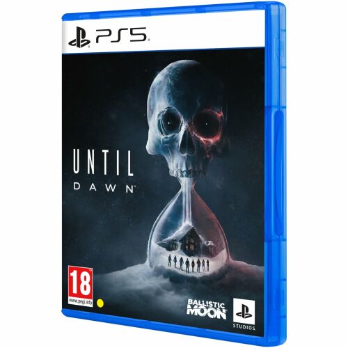 Until Dawn Re-Cut PlayStation 5 játéktok, amely egy homokórát ábrázol koponyával a tetején és emberi figurákkal az alsó részén, PS5 logóval és PEGI 18 besorolással - Konzol játék