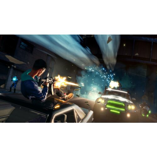 Saints Row játékmenet képernyőfelvétel, karakterrel, aki mozgó autóról lő egy kaotikus utcai csata során Santo Ilesóban - Konzol játék