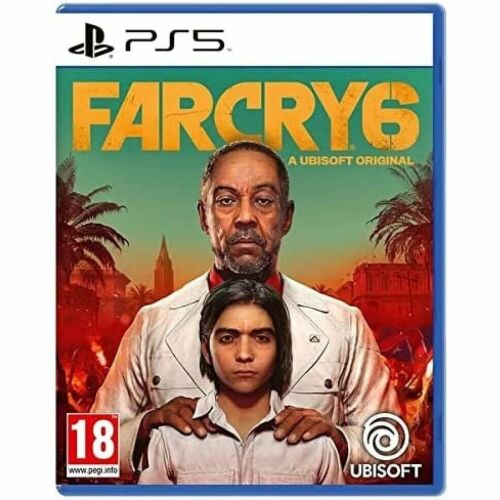 Far Cry 6 PS5 játéktok, Anton Castillo diktátorral és Dani Rojasszal, PEGI 18 besorolással, Ubisoft logóval 
