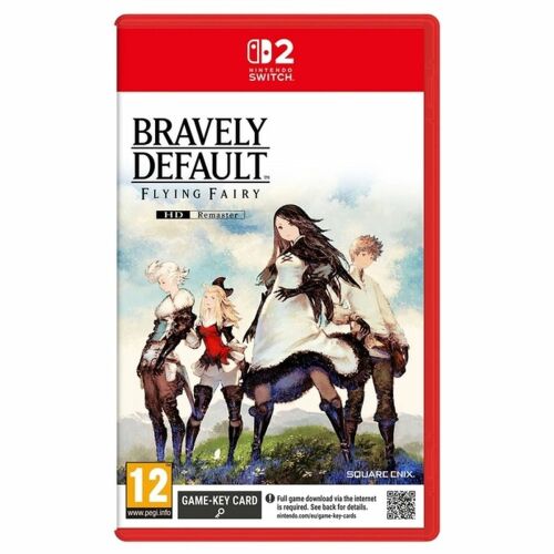 Bravely Default: Flying Fairy HD Remaster Nintendo Switch 2 játék fizikai dobozborítója négy főszereplővel, PEGI 12 besorolással és játékkulcs kártya információval - Műszaki cikk és elektronika
