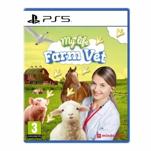 My Life: Farm Vet PlayStation 5 játékborító, amelyen egy női állatorvos látható sztetoszkóppal és háziállatokkal, mint malac, bárány és ló, PEGI 3 besorolással. - Gaming