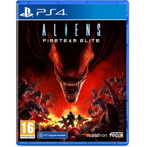 Aliens Fireteam Elite játék dobozképe PlayStation 4-re, fenyegető Xenomorph fejjel és akcióban lévő katonákkal, PEGI 16 besorolással - Konzol játék