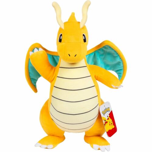 Jazwares Pokémon Dragonite 30 cm-es plüss puha játék, narancssárga testtel, krémszínű hassal, kék szárnyakkal és barátságos arckifejezéssel, fehér háttér előtt állva, hivatalosan licencelt - Játék