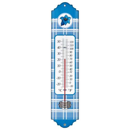 Blue and white checkered outdoor thermometer with a flower design, measures from -20°C to +50°C