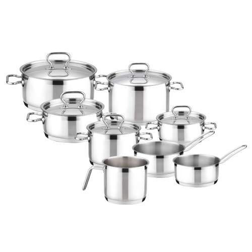 Tescoma Home Profi 13-piece stainless steel cookware set, includes pots, pans, and a milk pan