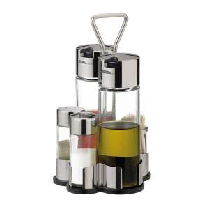 CLUB Oil, Vinegar, Salt, Pepper and Toothpick Holder Set, stainless steel, glass, 5 pieces - Spice Rack