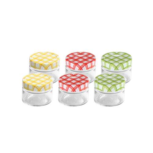 6 db-os DELLA CASA 125 ml-es üvegből készült befőttesüveg szett színes fedőkkel, ideális lekvárok, chutneyk és egyéb házi készítésű finomságok tárolására.