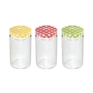 Set of 3 Tescoma Della Casa 700 ml glass jars with colorful lids, perfect for storing jams, pickles, and other homemade goods - Canning jar