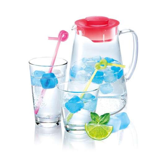 PRESTO Cooling Cubes, 24 pieces, reusable ice cubes for drinks, keep drinks cold without diluting, blue and white ice cubes in a glass with a pitcher and straws