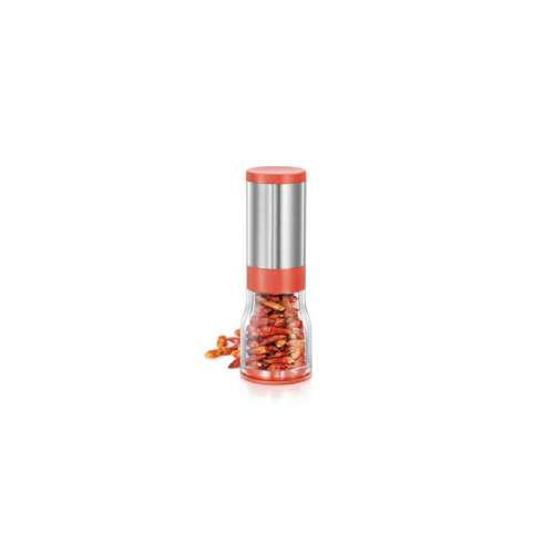GrandCHEF Chili Pepper Grinder, stainless steel and glass, red and silver, with chili peppers inside